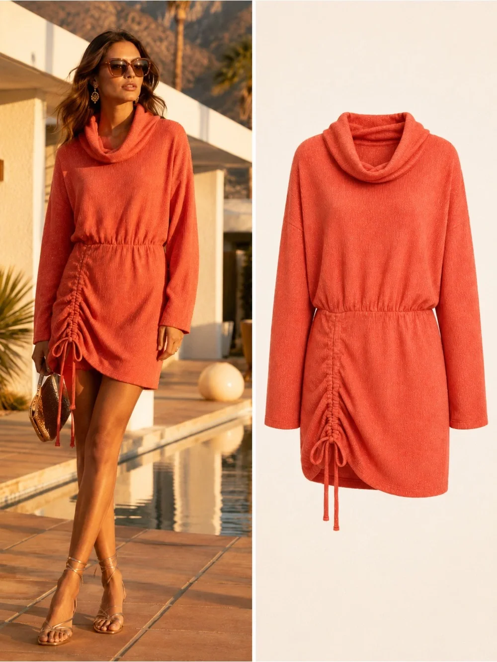 Free People Coral Orange Gold Metallic Cowl Neck Ruched Mini Dress S NWT